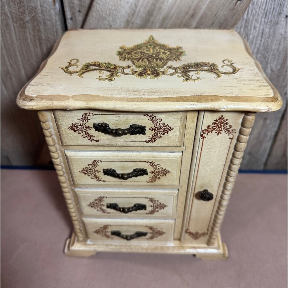 Vintage Gold Florentine Musical Jewelry Box Toyo Japan 4 Drawer Side Storage